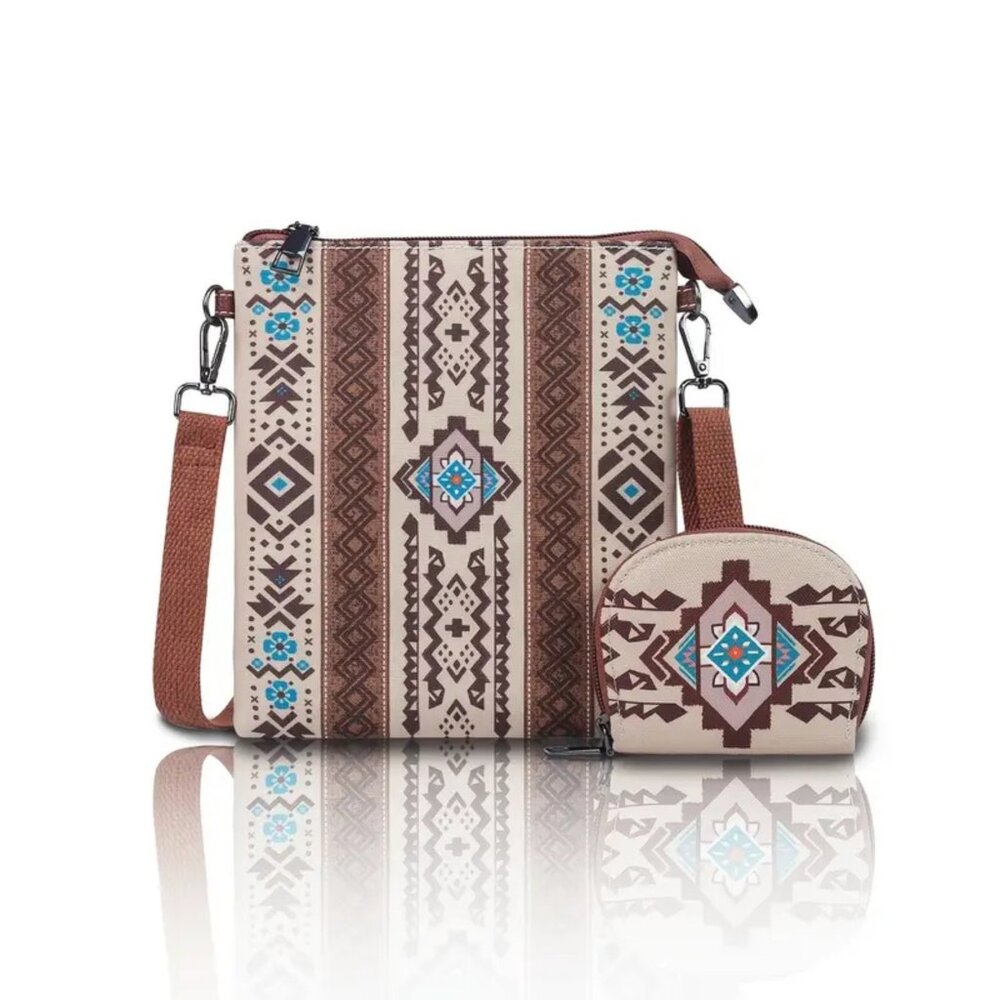 Boho Aztec Tribal Crossbody Bag & Mini Wallet Set Southwestern Canvas Purse - Picture 9 of 9